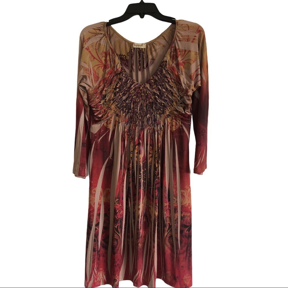 One World Dress Medium Red Brown Paisley Print Long Sleeve Boho Casual
